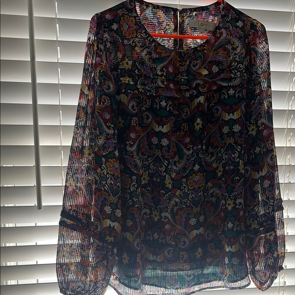 LOFT Red and Pink Puff Sleeve Blouse